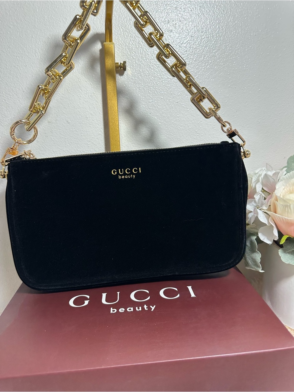 Gucci Beauty Black Velvet handbag with Gold Chain